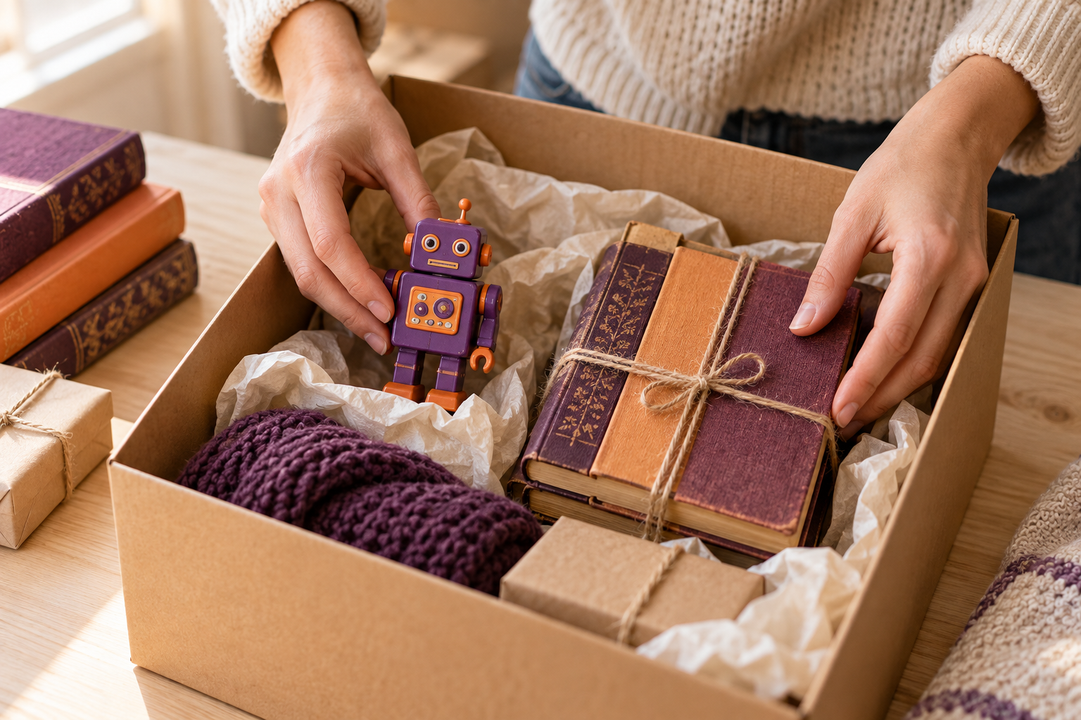 Placing a toy and books in a storage box